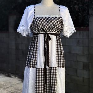 Vintage Brown Gingham Lace Prairie Dress Maxi Gown